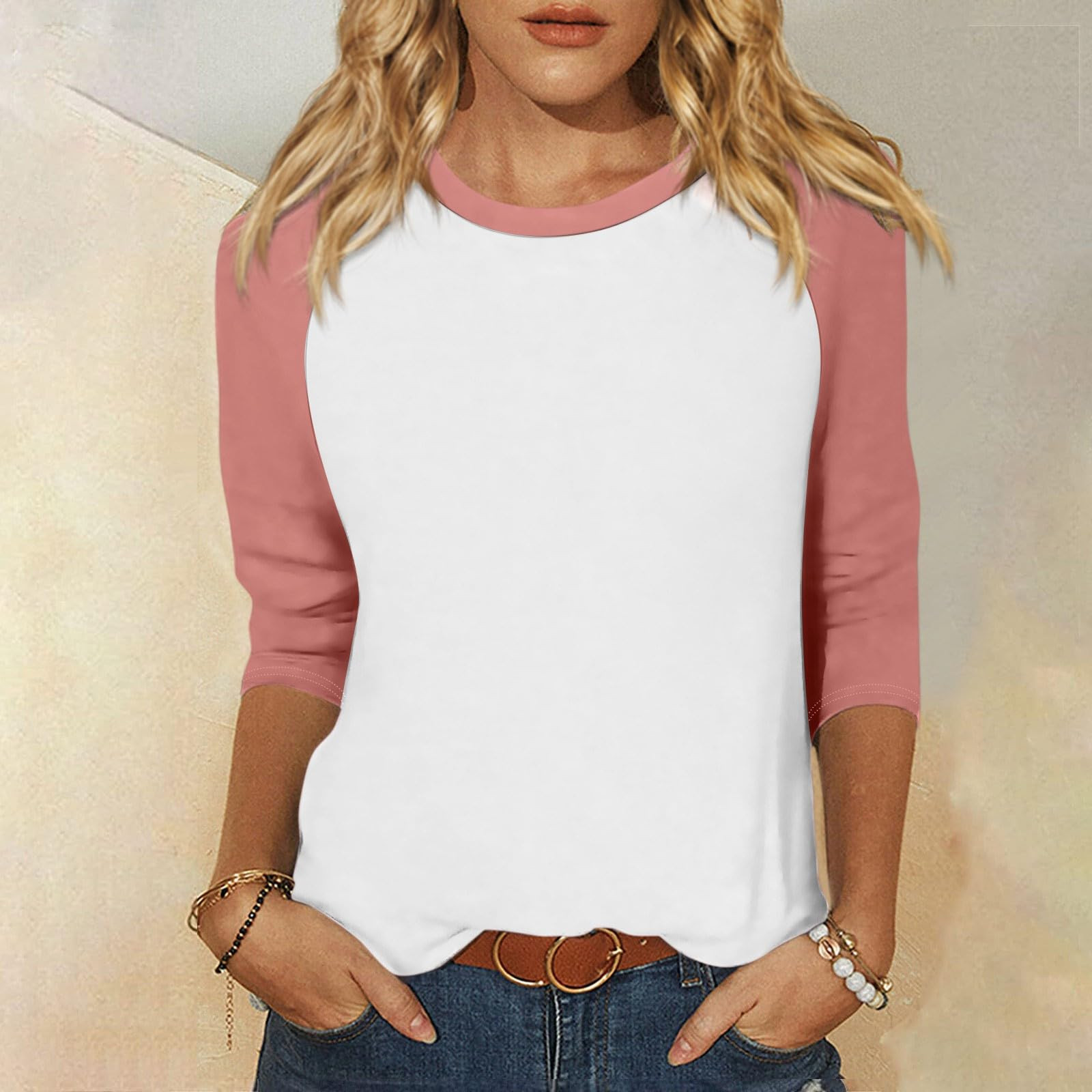 thumbnail image 2 of Camiseta informal de manga 3/4 y cuello redondo para mujer, versátil, de poliéster, tallas S-XXL, 2 of 5
